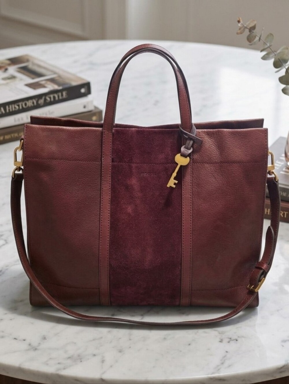 Fossil Carmen Leather and Suede Burgundy Tote Bag - Picture 1 of 8